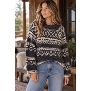 Sanctuary Knit Sweater Womens Size Small Fair Isle Relaxed Crew Neck Gray Cream